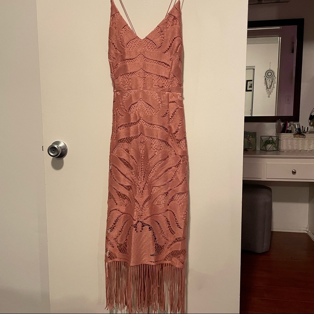 Dusty rose lace dress with fringe trim